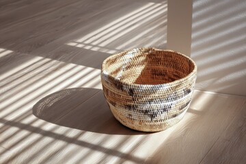 Hand-woven straw basket with striped shadows on wood floor