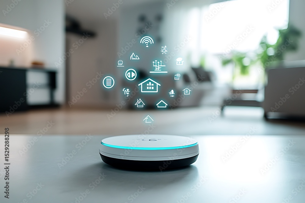 Poster smart home assistant with digital icons floating above its surface.