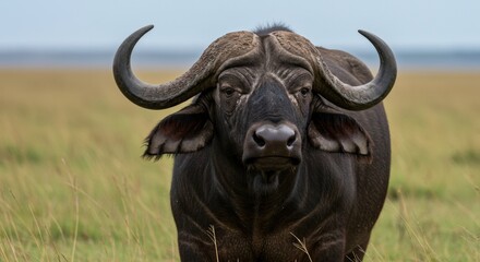 Naklejka premium A powerful African buffalo stands alert in the savannah, its sturdy frame and curved horns symbolizing strength and resilience in the wild.