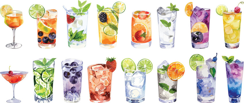 Watercolor Cocktails Vector Illustration on White Background - Powered by Adobe