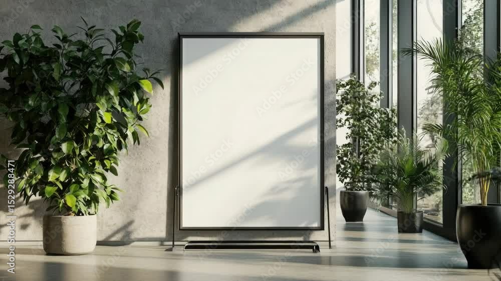 Poster a simple picture frame on a table surrounded by potted plants