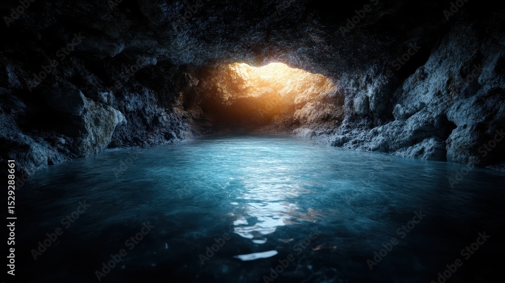 Poster a tranquil underwater cave scene featuring clear blue water and ethereal light reflecting from above