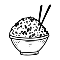Bowl of boiled rice with chopsticks. Hand drawn doodle vector. Traditional Asian food. Side dish. Restaurant menu. Illustration line art element.