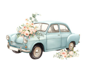 Watercolor Vintage Car with Floral Decoration - Elegant Wedding Transport Illustration