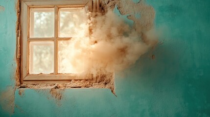 A dusty window reveals soft, warm light filtering through, creating an ethereal atmosphere that reflects a sense of nostalgia and quiet introspection.