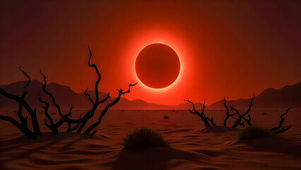 Lunar Eclipse Casting Red Glow Over Quiet Desert Landscape