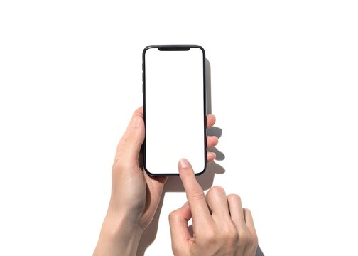 Hand Holding Smartphone with Blank Screen on White Background