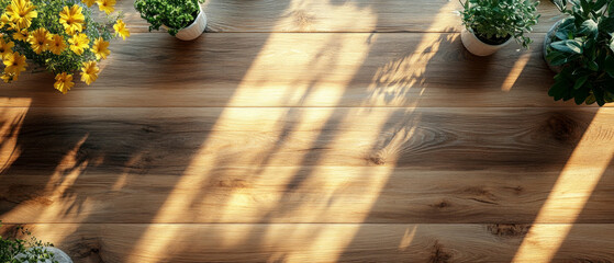 Table made of wood with potted plants with sunlight falling on it. Useful for articles about home interior and comfort.