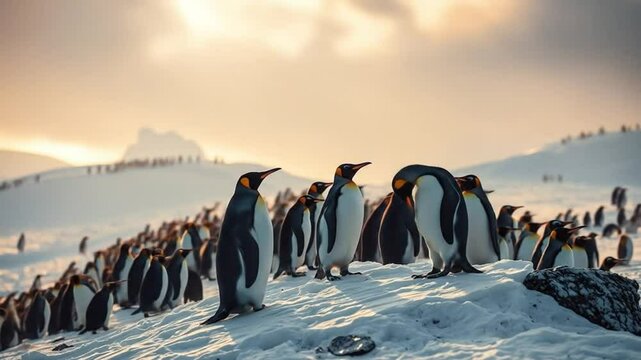 Gentoo penguin colony in the South Pole, Antarctic Peninsula. A large group of wild animals resting on a snowy hill, cold sea and mountains in the background. 4k video