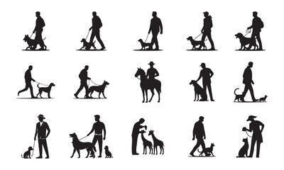 A collection of twelve black silhouette illustrations showing various people interacting with their pet's vector art on white
