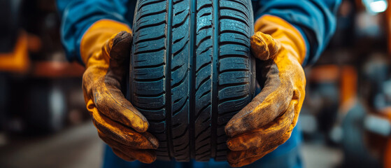 Hands in protective gloves holding a car tire. Useful for articles about car repair and reviews of car accessories.