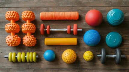 Sports equipment on wooden background. Useful for articles about fitness and healthy lifestyle.