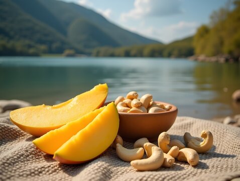 Mango Slices and Cashews on a Carpet Near Calm Lake Water