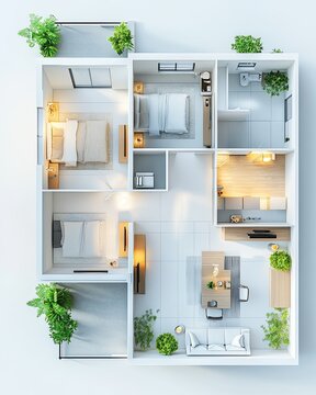 Top-down view of a modern apartment layout. Features multiple rooms with furniture. Includes bedroom areas a dining space kitchen and bathroom all in bright white with plant accents.