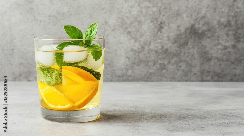 Poster a visually appealing and refreshing cocktail featuring a mix of citrus fruits and aromatic herbs ser