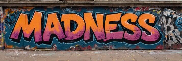 Fototapeta premium Vibrant Graffiti Mural Showcasing the Word Madness on an Urban Wall in a Busy City Area