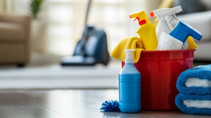 Brightly colored cleaning product bottles and rags in red bucket background cleaning room. Photo stock photos of household chemicals and cleaning.