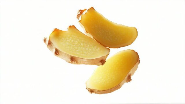 A single slice of fresh ginger on a white background