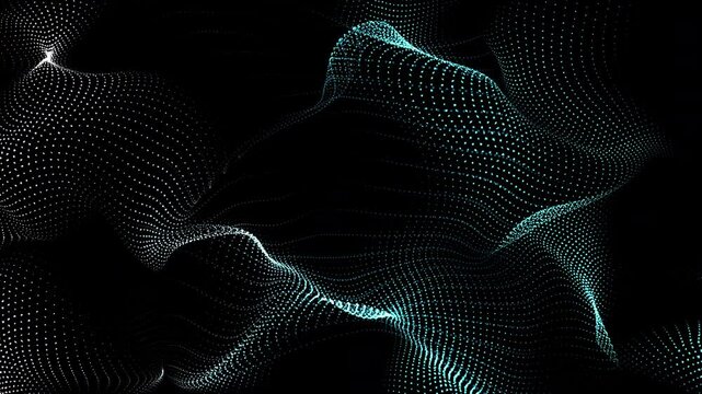 Digital particle dot wave form motion and movement dissolve in the depth of field, abstract technology and science background