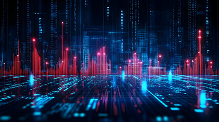 Abstract Digital Cityscape with Glowing Red And Blue Data Streams