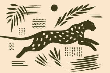 Leopard running in boho style, naive flat vector illustration   © Victoria