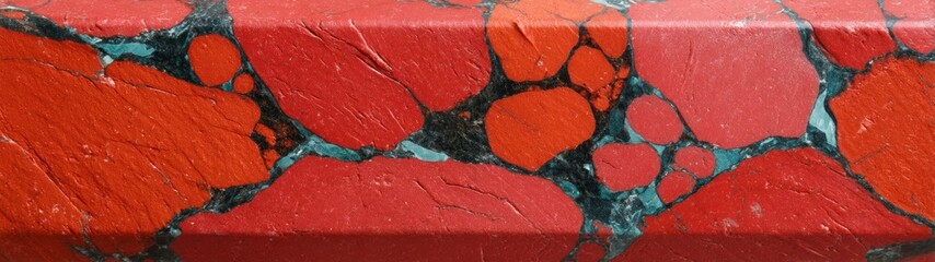 Semiprecious red stone slab with bold circular veins and blue accents