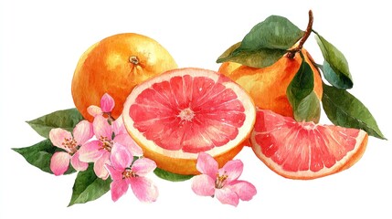 Watercolor Grapefruit Still Life with Blossoms
