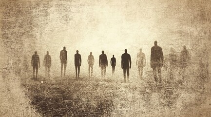 Silhouetted figures walking forward in a faded sepia toned landscape artistic illustration