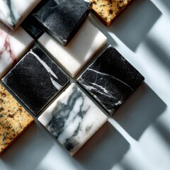 Marble and granite square tile composition in diagonal lighting