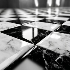 Calacatta and Nero Marquina marble floor tiles in high-gloss checkered pattern interior close-up