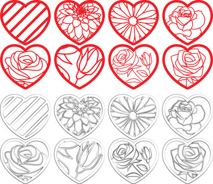 Fototapeta Set of open hearts. Romantic elements. Hearts outline. Bundle of Hearts with inscriptions 