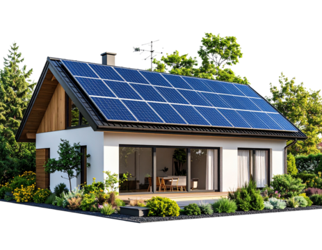 Modern Eco-Friendly House with Solar Panels and Green Roof PNG