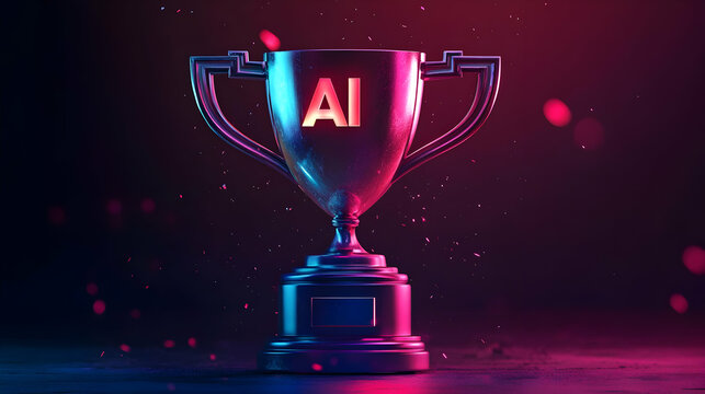 AI Trophy: Glowing Neon Award in Dark Cyberpunk Setting