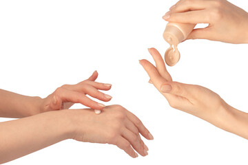 Beige cream tube in woman hands isolated on a white background. Cream swatch on woman hand.