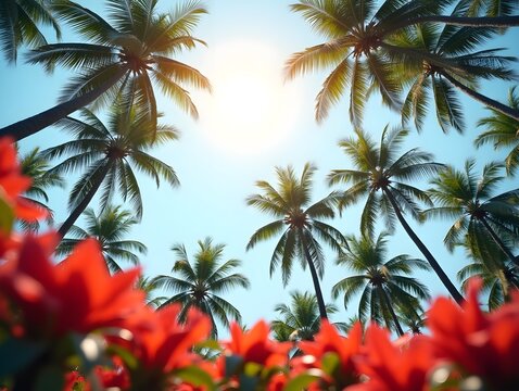 Looking Up at Palm Trees with Red Flowers and Sunlight