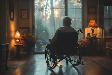 Obraz premium An elderly woman gazes out from her wheelchair, experiencing a serene moment as soft evening light filters through a window surrounded by blooming flowers, evoking warmth and peace.
