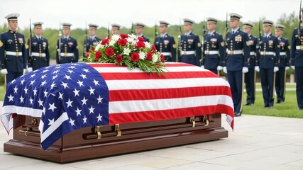 Military funeral with flag-draped coffin and soldiers - Powered by Adobe