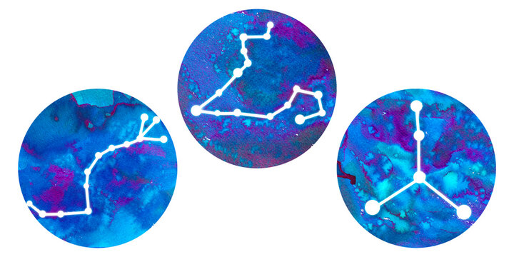 Zodiac watercolor signs of the element of Water: Cancer, Scorpio, Pisces. Blue hand drawn set of template of astrological symbols isolated on white background for horoscope, astrology, stickers