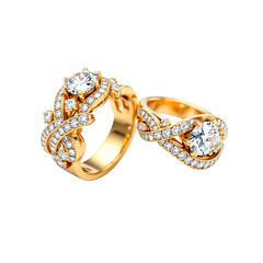 Exquisite pair of gold diamond rings elegant jewelry symbolizing love and commitment PNG file isolated on transparent background cut out, clipping path, social media, Advertisement,high quality, HD.