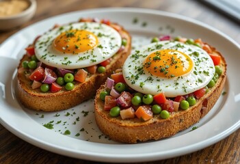 Delicious egg toast breakfast recipe with fresh vegetables and herbs garnish