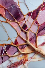 Calacatta Viola marble abstract tree vein structure with deep purple and orange tones
