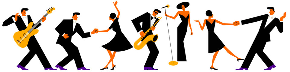 Naklejka premium people dance to live jazz music in the style of the mid-20th century. geometric abstract dancers in a flat cartoon style. stock vector illustration. EPS 10.