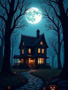 Halloween house in the forest with full moon