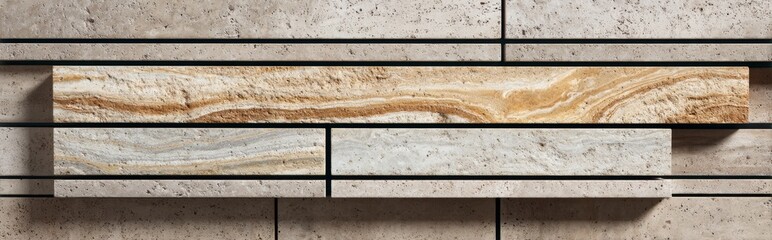 Decorative offset travertine tile with layered stone patterns in architectural view