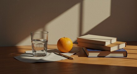 A glass of water, a book, and an orange are on a table