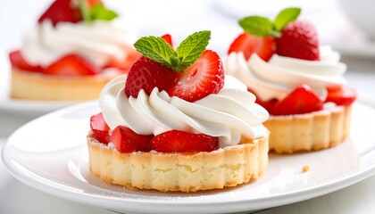 Strawberry Tarts with Whipped Cream Dessert on a White Plate
