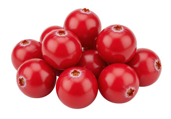 Fresh, glossy red cranberries stacked together on a clean white background