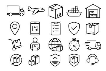 Fototapeta premium Logistics, Shipping, and Delivery Icon Set: Vector Outline Icons for Transportation, E-commerce, and Tracking with Adjustable Line Weight