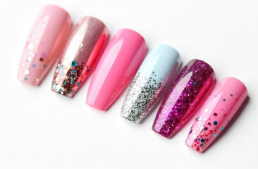 Bright and colorful artificial nails placed on a white background.