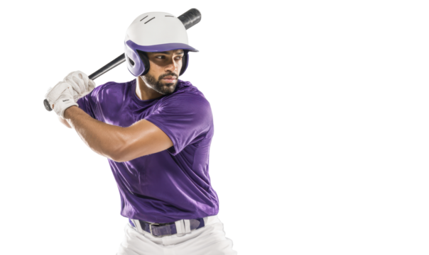 A baseball player in a purple jersey and helmet stands ready to swing a bat, showcasing athleticism and focus in this dynamic pose